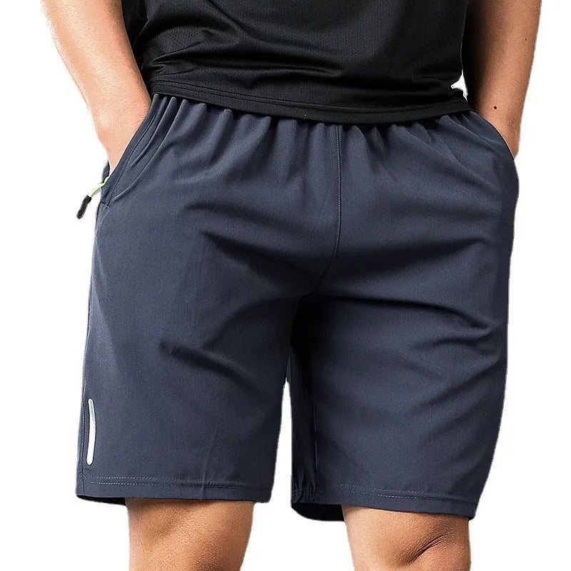 Men's polyester beach casual sports shorts in solid colour with zip pocket and micro-elastic fit, available in multiple Asian sizes