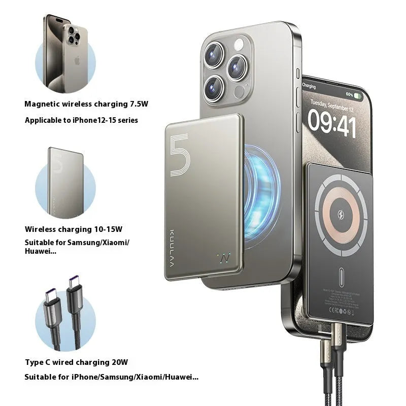 Ultra-thin magnetic wireless power bank 5000 mAh in neutral titanium colour-changing alloy shell