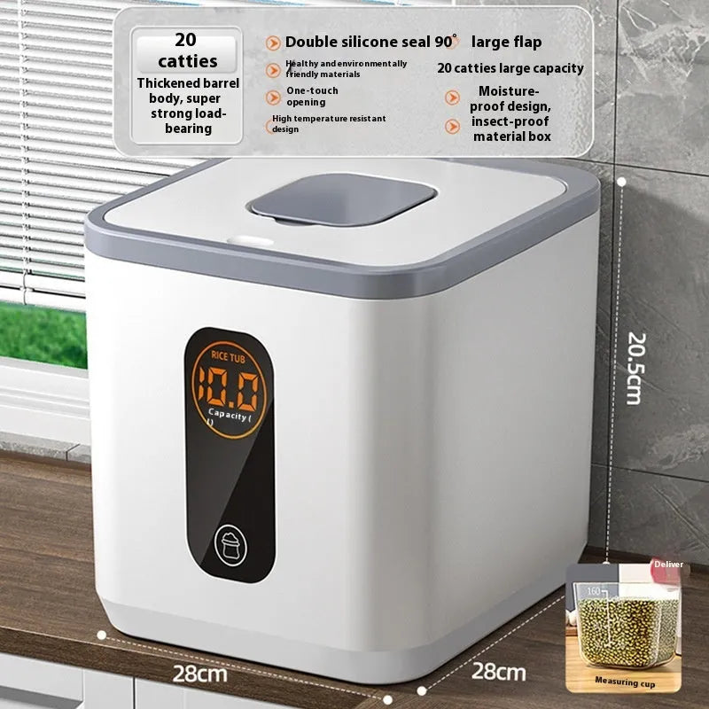 Grey sealed plastic rice storage jar with lid and measuring cup in 10kg, 20kg, and 30kg size options.