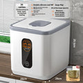 Grey sealed plastic rice storage jar with lid and measuring cup in 10kg, 20kg, and 30kg size options.