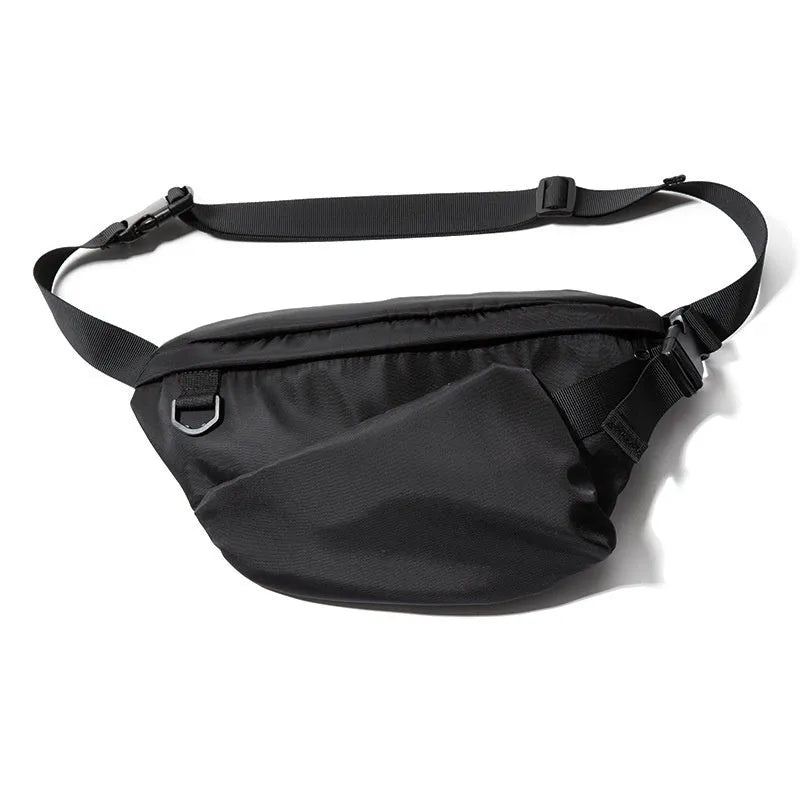 Men's black Oxford fabric chest bag with slanted design and visible sewing lines