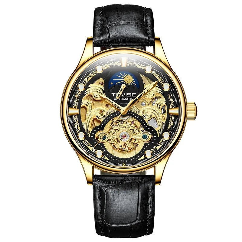 Men's gold leather strap automatic mechanical watch with sunray dial on wrist