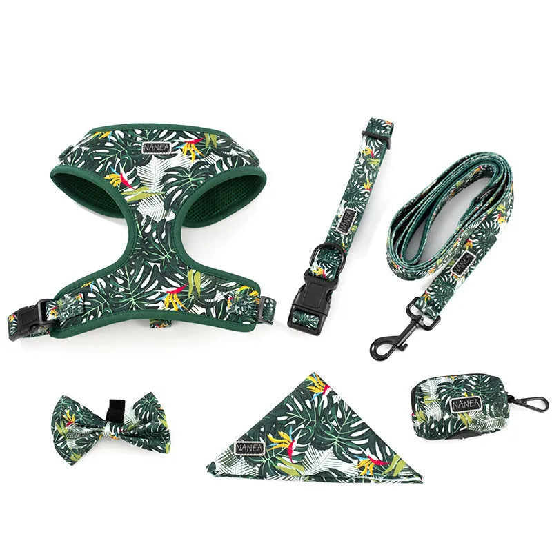 Six-piece adjustable pet harness set with vest, leash, collar, waste bag holder, bow tie, and triangular bib