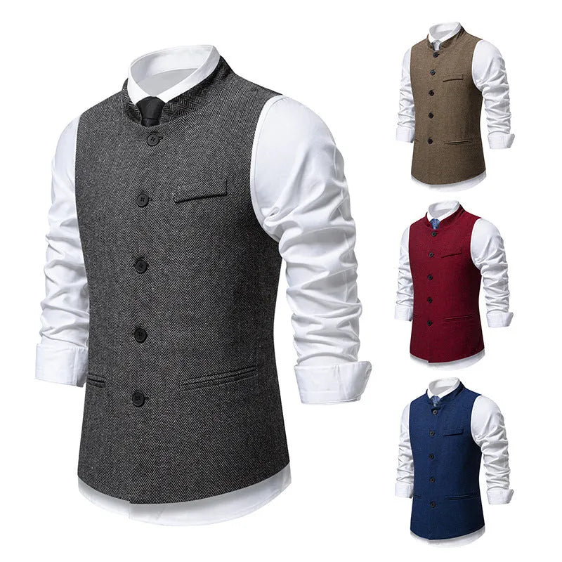 Men's retro stand collar herringbone suit vest in dark gray with top stitching slit pockets, straight fit