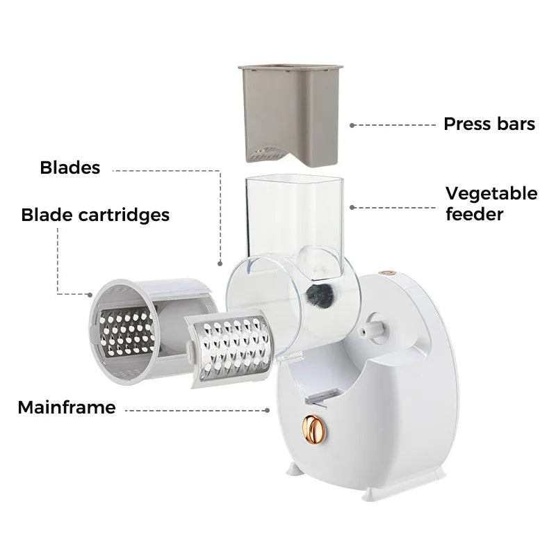 White electric vegetable slicer with rotary blade system and suction base for kitchen food preparation
