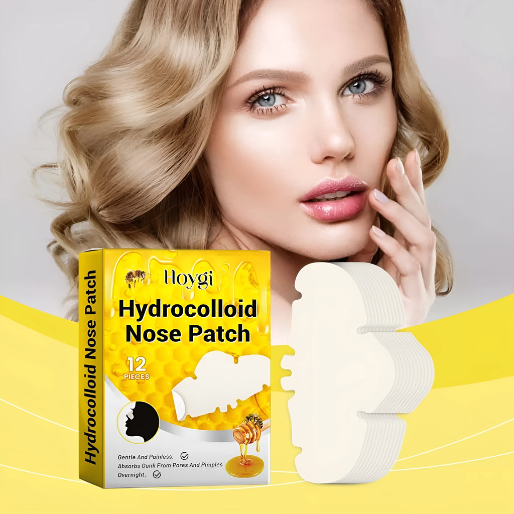 Pack of 12 clear hydrocolloid acne nose patches for blackhead and pore treatment.