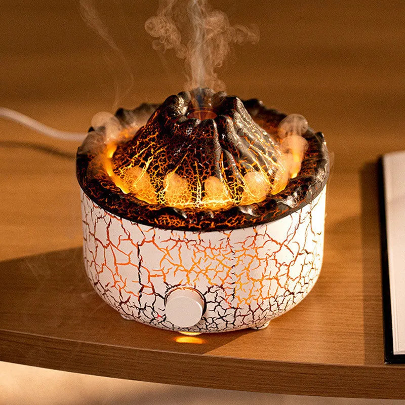Creative column-shaped volcano humidifier diffuser with LED light flame effect and mist ring.