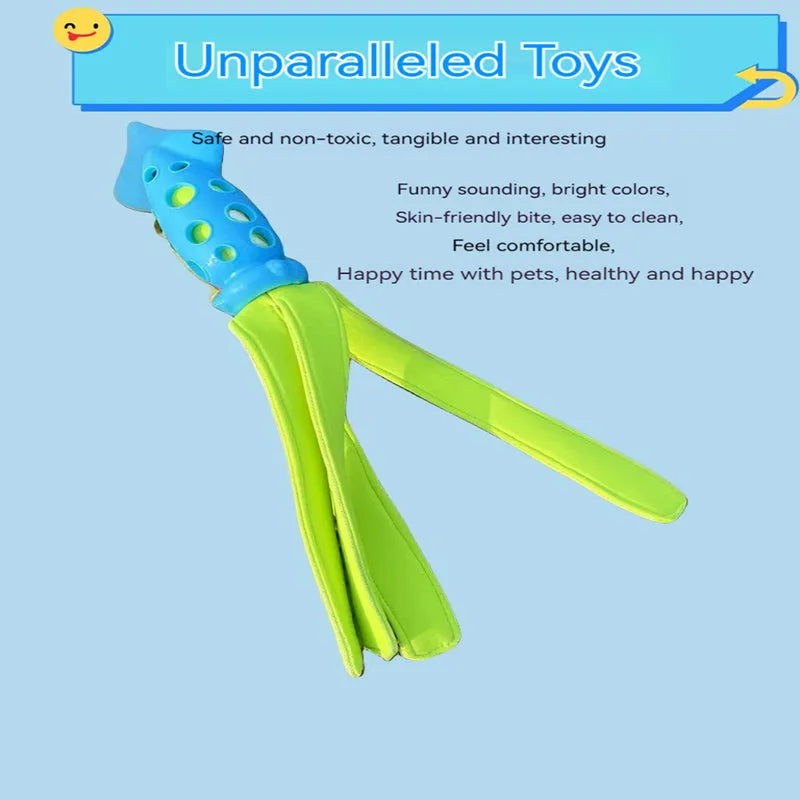 Blue cuttlefish-shaped dog chew toy with squeaky sound device for interactive play
