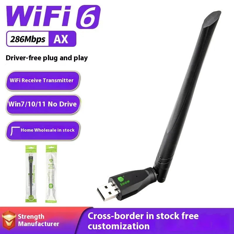Black USB WiFi6 wireless network card with approximately 11cm length for desktop computer connectivity