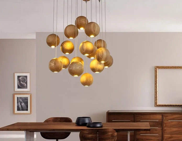 Nordic wood ball chandelier pendant light with adjustable height and wooden disc base