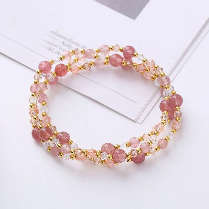 Handmade adjustable crystal three-ring bracelet in tourmaline, strawberry quartz or amethyst colours