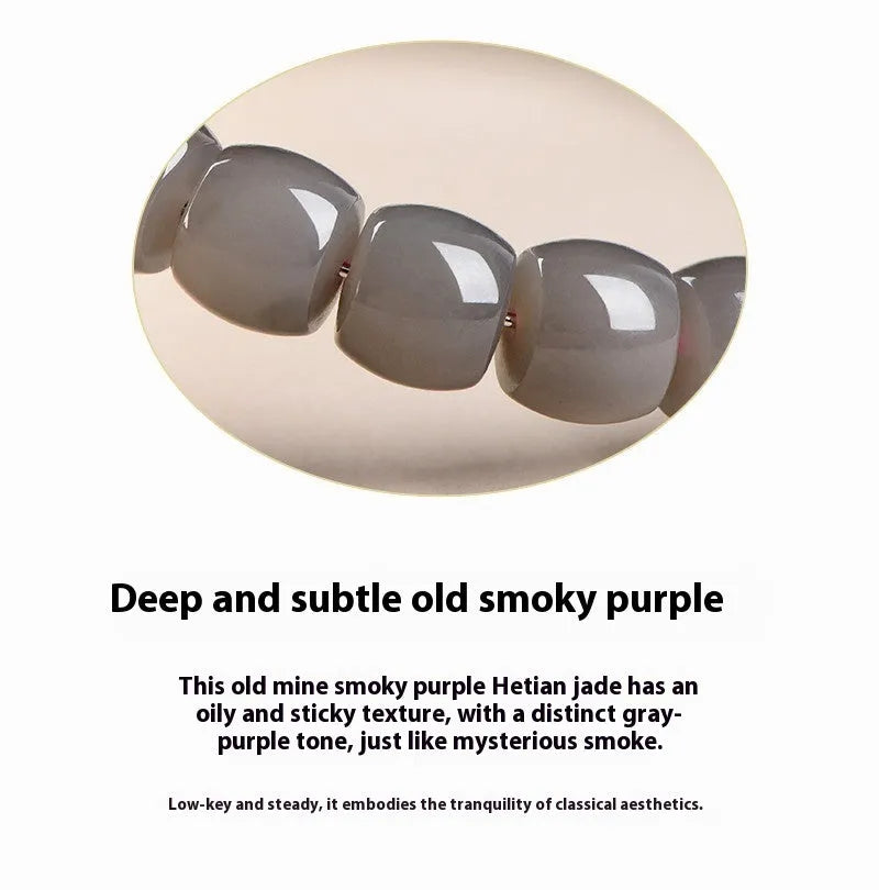 Natural smokey violet Hetian jade straight cut bracelet with 8x9mm round beads.