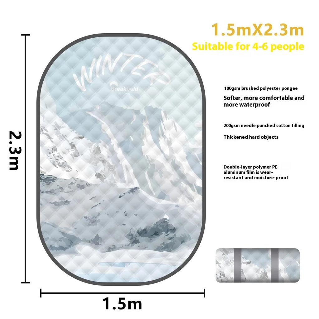 Large waterproof outdoor picnic mat in a seasonal colour, laid out on grass.