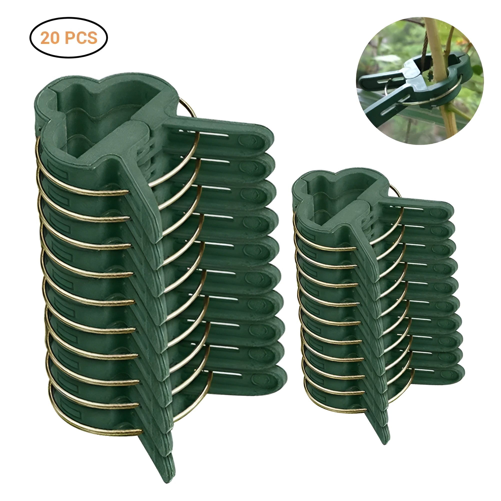 Green plastic plant fixing clips, large and small sizes, for securing climbing vegetables and vines.