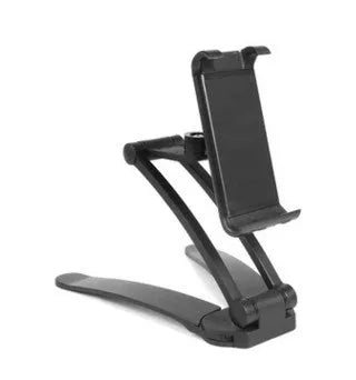 Silver aluminium alloy desktop tablet stand with adjustable clips and 360-degree rotation on a white mount.