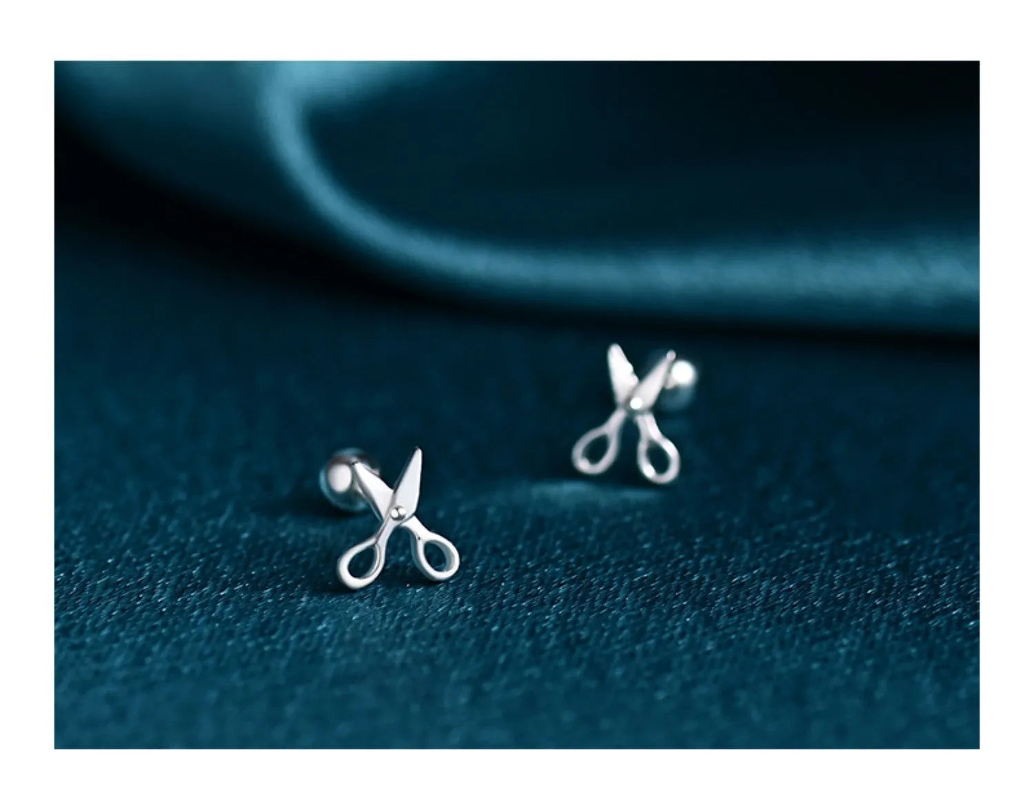 Pure silver ear nails with screw fitting showing miniature scissors and screw decorative designs