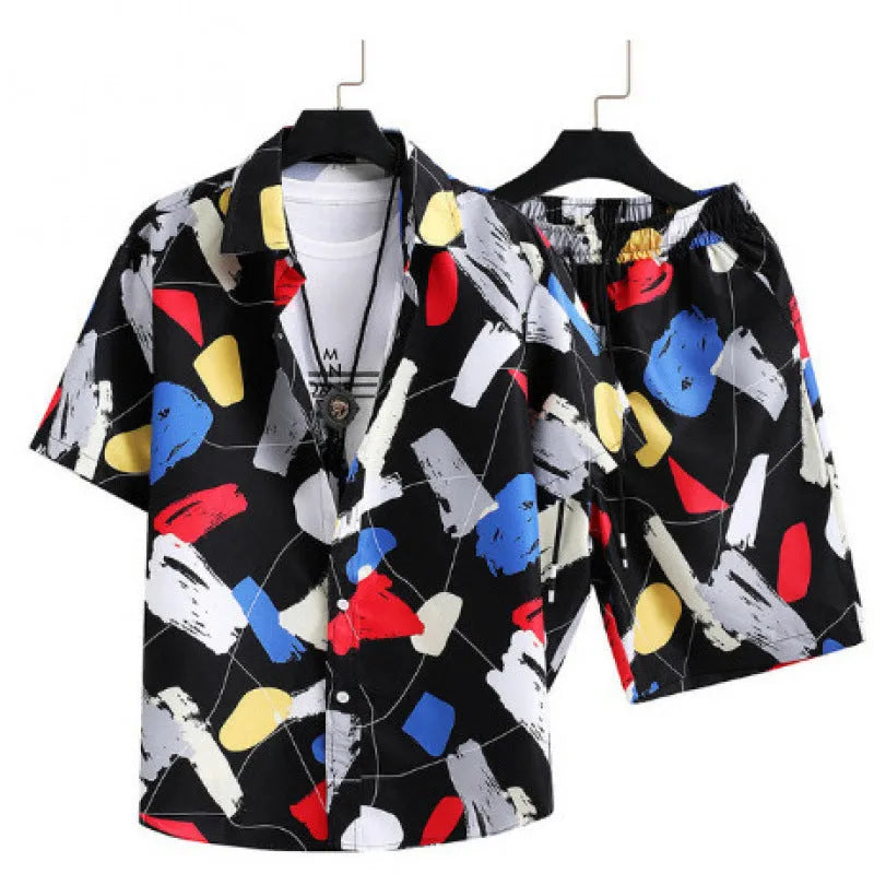 Men's casual digital print shorts suit with matching shirt, shown in colour Suit 52.