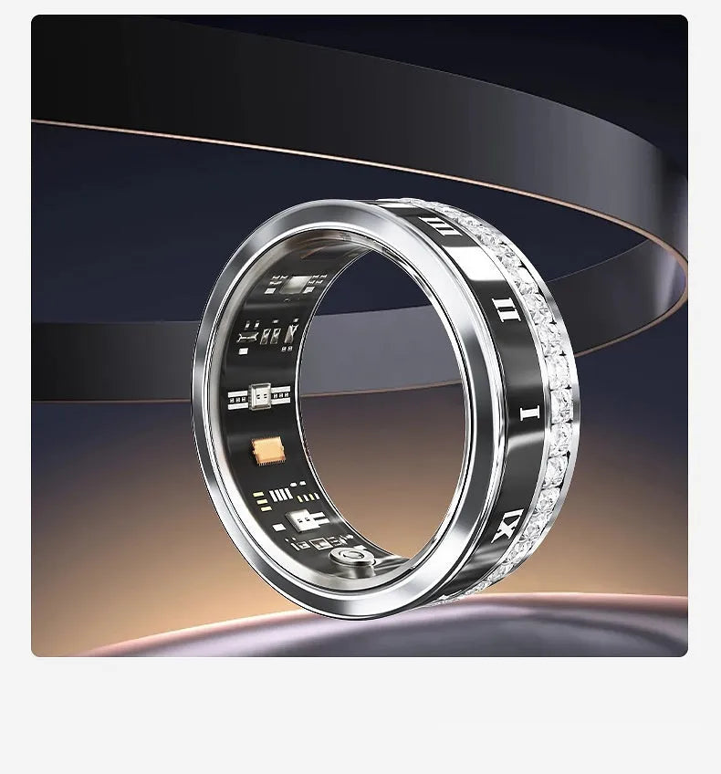 Diamond-inlaid smart ring in silver and gold colours on finger, showing health monitoring display.