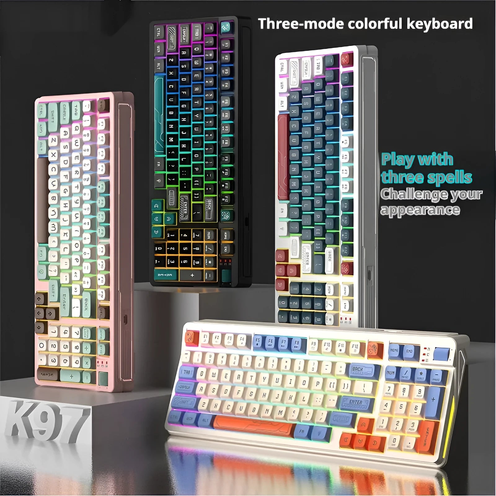 Colourful luminous ABS plastic desktop computer keyboard showing multi-colour key design.