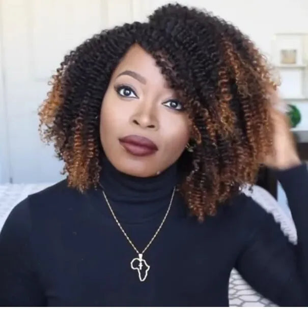 Short curly wig explosion head style long bang high temperature silk black brown gradient for ladies