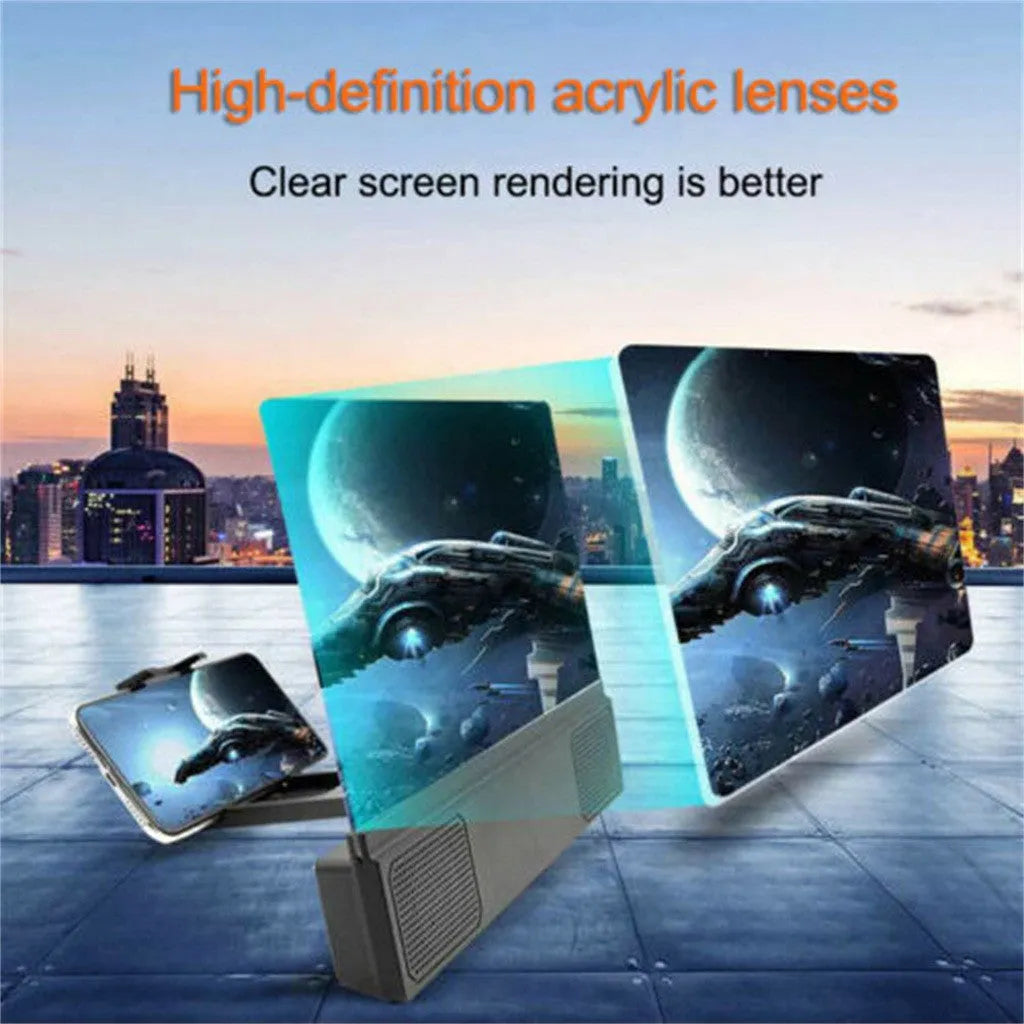 12-inch mobile phone screen amplifier with built-in speakers showing foldable design and adjustable gooseneck mount