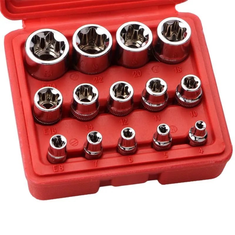 Red toolbox containing a 14-piece chrome vanadium steel E-type socket set for repair work.