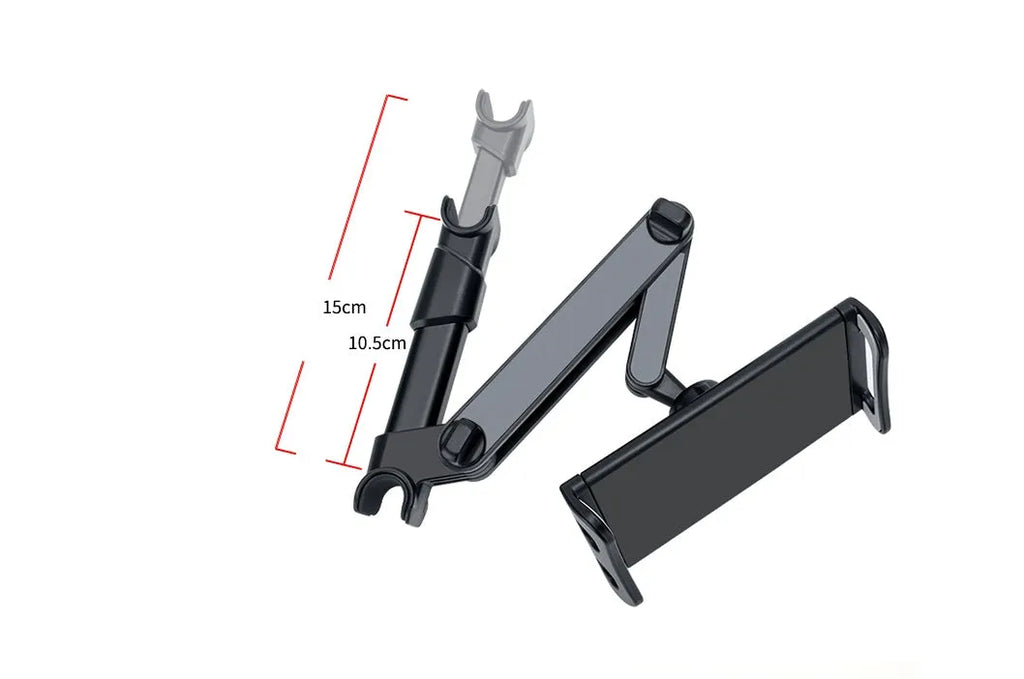 Black universal car phone and tablet holder mounted on a rear seat base.