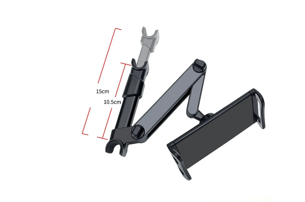 Black universal car phone and tablet holder mounted on a rear seat base.