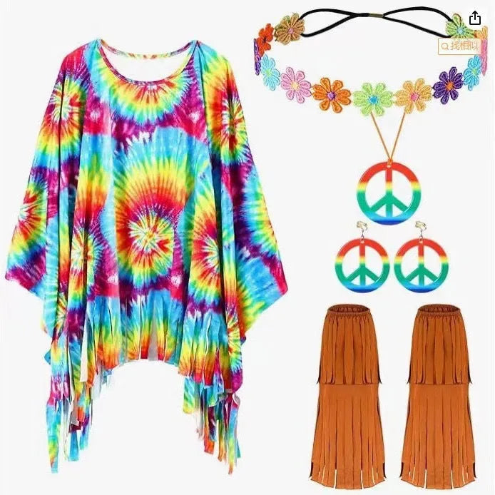 Tie dye patterned cloak costume with bell sleeves in a choice of vibrant colours.
