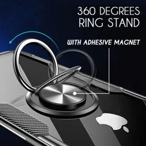 Black PU iPhone case with an integrated swivelling car holder arm attached to the back cover.