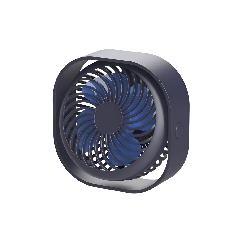 USB desk fan with alarm clock in blue colour, showing rotary switch and plastic blades.