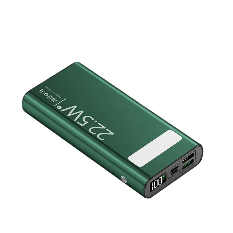 Black alloy 20000mAh power bank with LCD display showing battery level and USB ports.