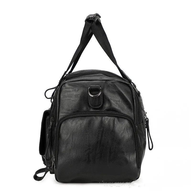 Black large capacity travel bag with separate shoe compartment, closed view.