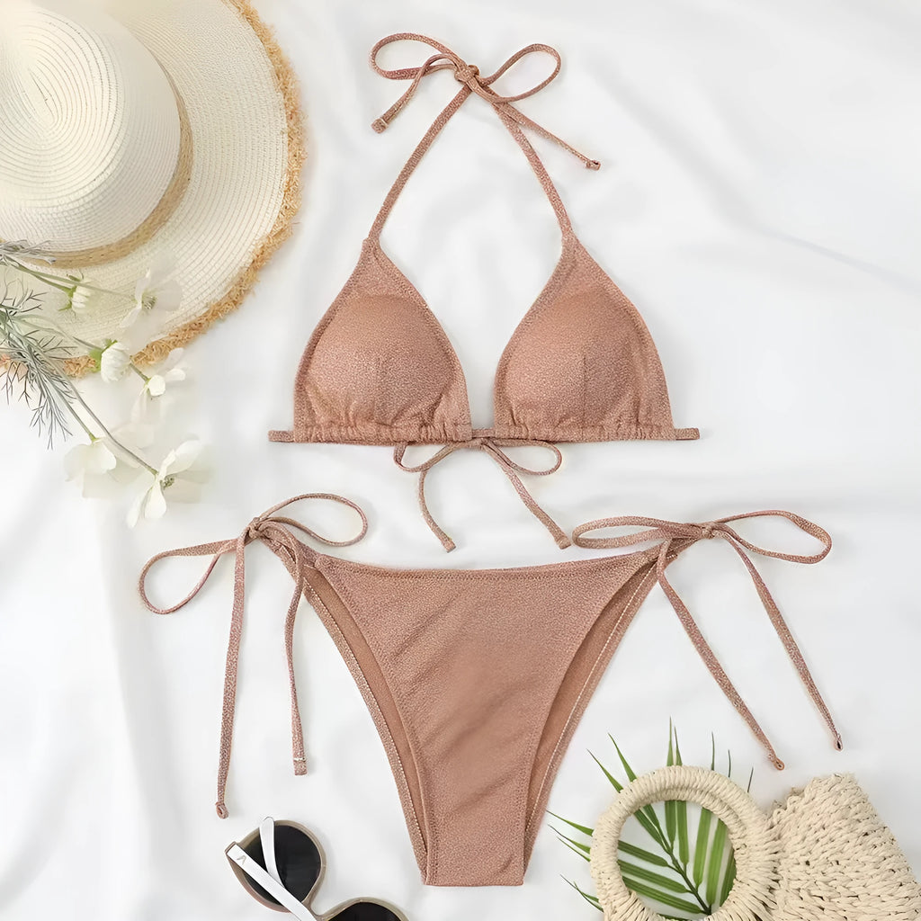 Women's khaki gold bandage detail bikini swimsuit set on a mannequin, showing top and briefs.
