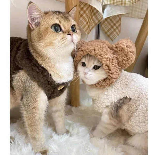 Cat wearing brown polar fleece winter vest showing ins style cut and fleece texture