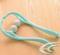 Blue plastic handheld neck massager with adjustable bracket and 3D floating-point massage head.