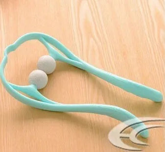Blue plastic handheld neck massager with adjustable bracket and 3D floating-point massage head.