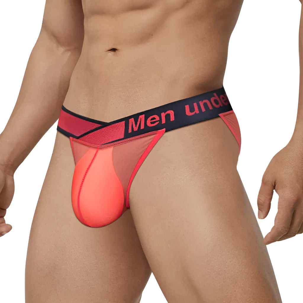 Men's red ice silk nylon briefs with a large V gradient high-fork cut on a white background.