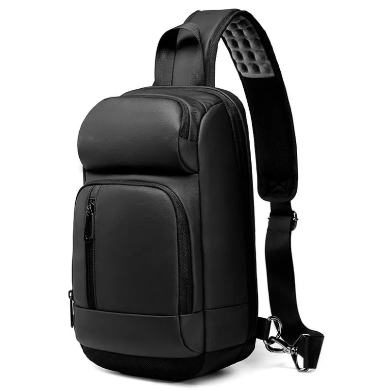 Black medium outdoor shoulder bag with air cushion strap showing internal laptop and organiser pockets
