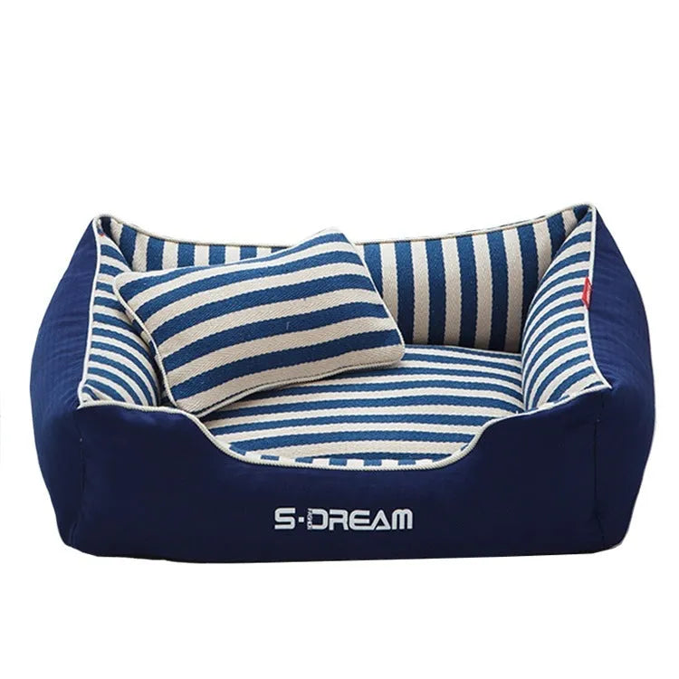 Navy stripes dog kennel mat and fabric pillow set in blue or red, shown in multiple sizes