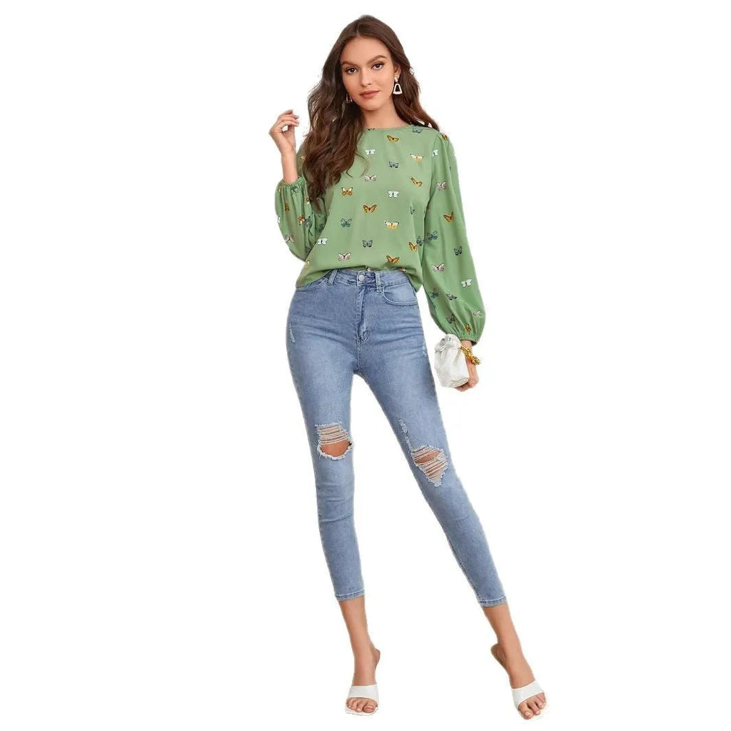Women's green butterfly print long-sleeved loose fit shirt
