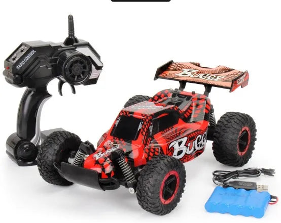 Blue 1:18 scale remote control drift car with 2.4GHz transmitter on black surface