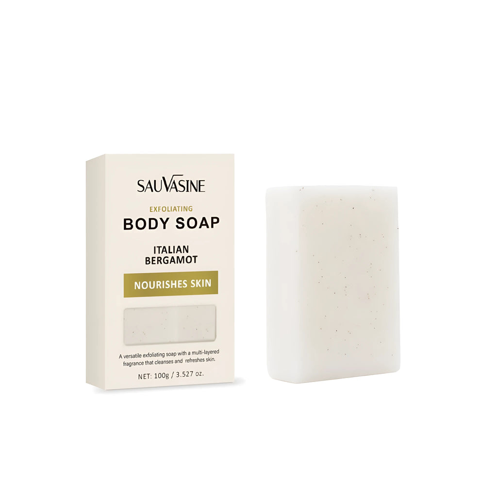 Exfoliating and moisturising body soap bar for adult skin cleansing.