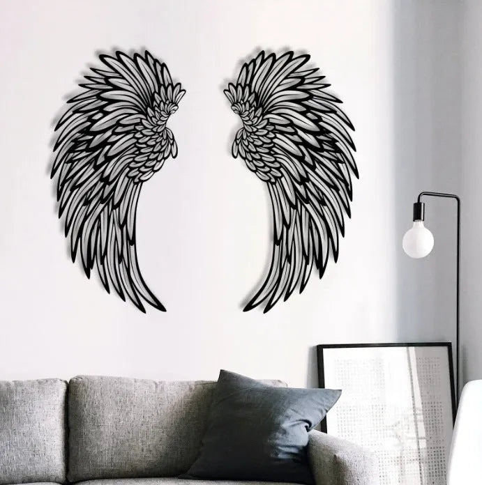 Carved metal wall decor with light, angel wings design, double-sided black iron, 35cm pair on a wall