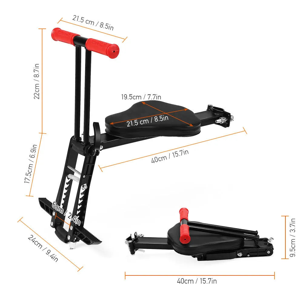 Front child bicycle seat in black with aluminium frame, cushion, handrail, and pedal