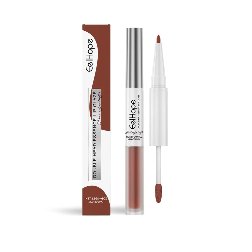Double-headed lip liner and lip lacquer pen makeup tool showing colour options.