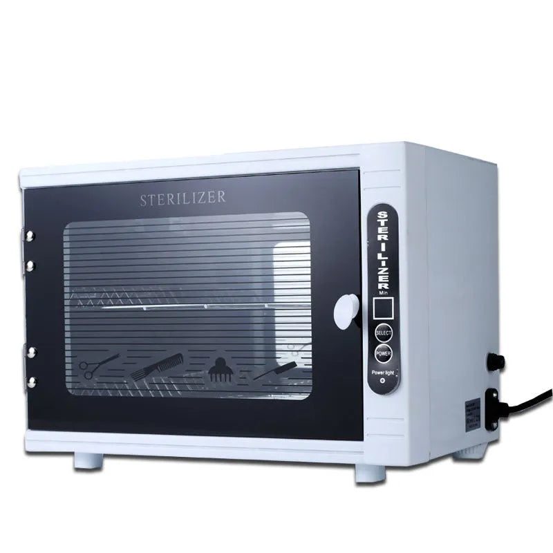 Small silver UV steriliser unit with a stainless steel interior for salon tool hygiene.