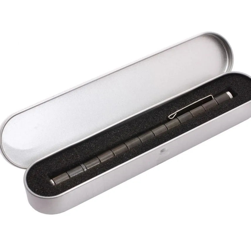 Magnetic modular pen set in silver iron box with 13 rings, 12 balls, 3 refills, 2 capacitor heads, and upgraded magnets
