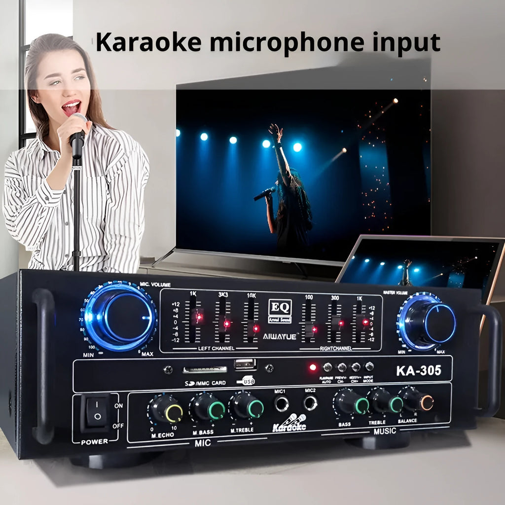 KA-305 4.1 channel Bluetooth power amplifier in black with front panel controls and lotus interface connections