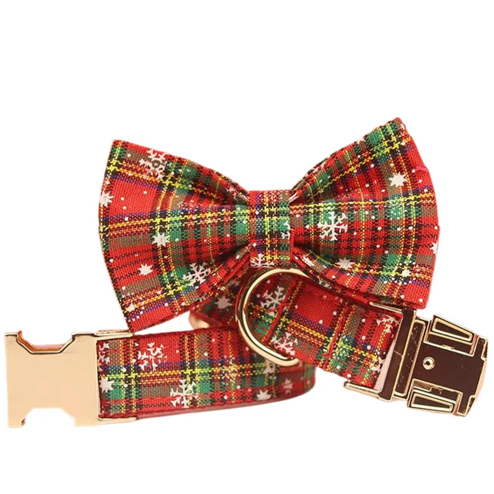 Red snowflake Christmas dog collar and leash set with plaid pattern four-piece holiday pet clothing